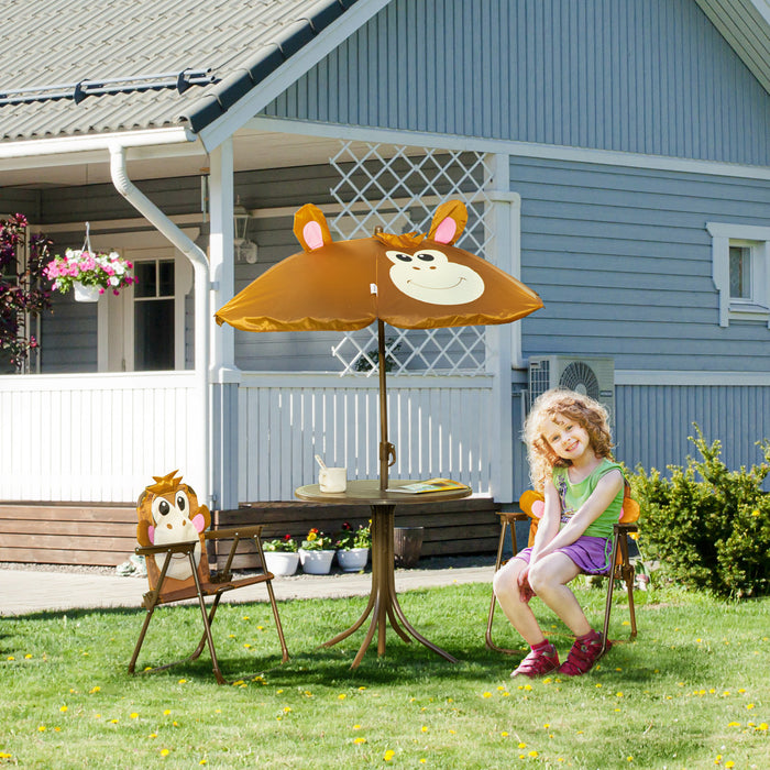 Outsunny Ensemble Table Et Chaises De Pique-nique Pour Enfants, Meubles De Jardin Pliants D'exterieur, Pour Terrasse, Arriere-cour, Avec Motif De Singe, Parasol Amovible Et Reglable En Hauteur