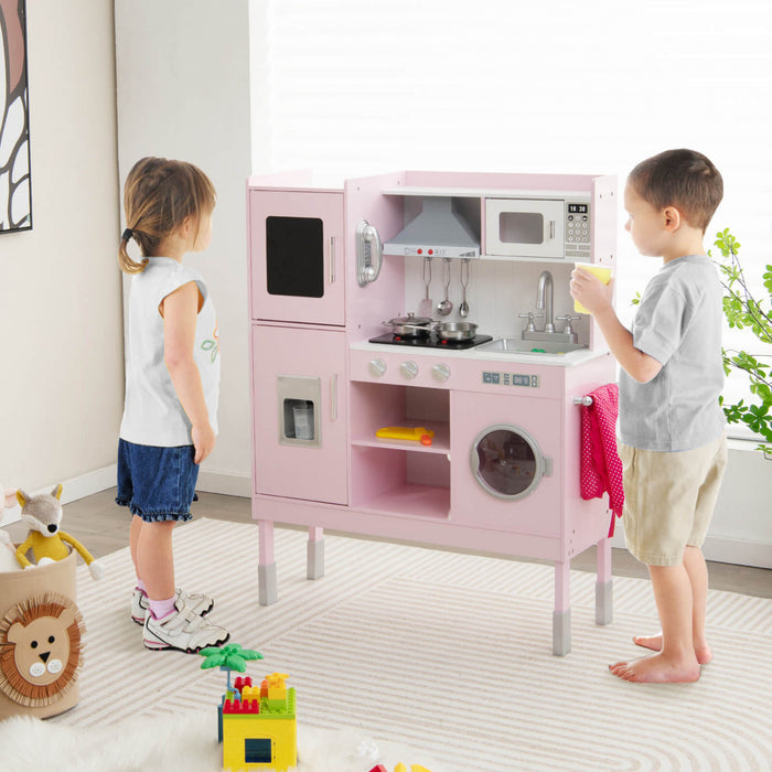 Jeu De Cuisine Pour Enfants, Jouet De Cuisine Avec Hotte, Machine A Glacons Et Telephone, 16 Accessoires, Sons Et Lumieres, Cuisine En Bois, Cadeau Pour 3 Ans Et Plus, Rose