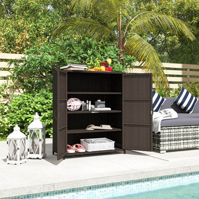 Outsunny Armoire de rangement exterieure en osier, 4 etageres avec 2 portes