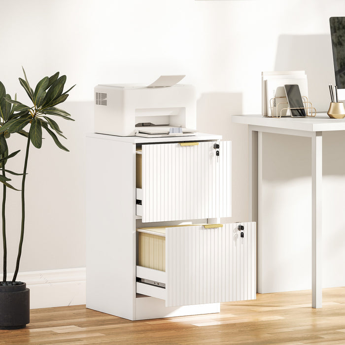 HOMCOM Classeur vertical cannele a 2 tiroirs avec serrure, blanc