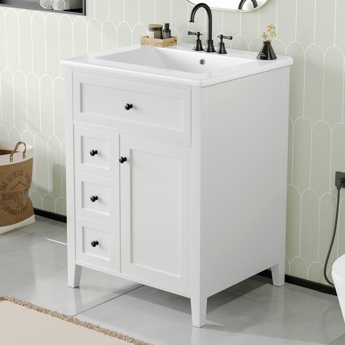 Scott Meuble-lavabo de 24\" avec vasque en ceramique et pieds en bois caoutchouc, Blanc