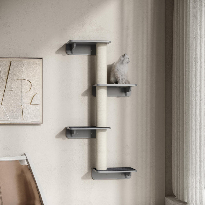 Pawhut Cat Wall Climber Avec 4 Plateformes Et 3 Griffoirs, Tablette Murale Pour Chat Pour Grimper Et Se Detendre, Tapis Moelleux Inclus, Gris Pale