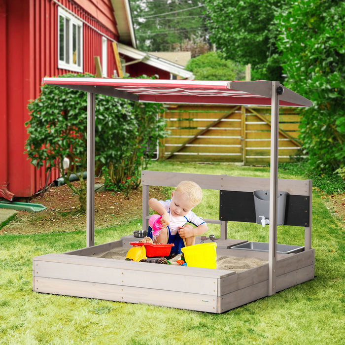 Kids Bac A Sable Avec Couvercle, Bac A Sable En Bois Avec Auvent Reglable, Jouets De Cuisine, Siege, Rangement, Exterieur Pour 3 A 7 Ans, 45\" X 43\"