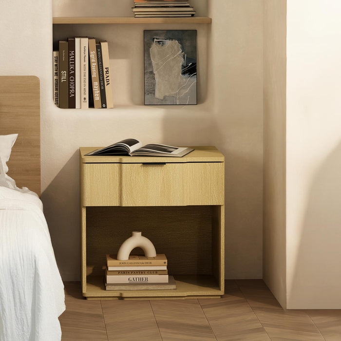 Table de nuit Clive style milieu du siecle 56 cm en chene naturel (1 tiroir)