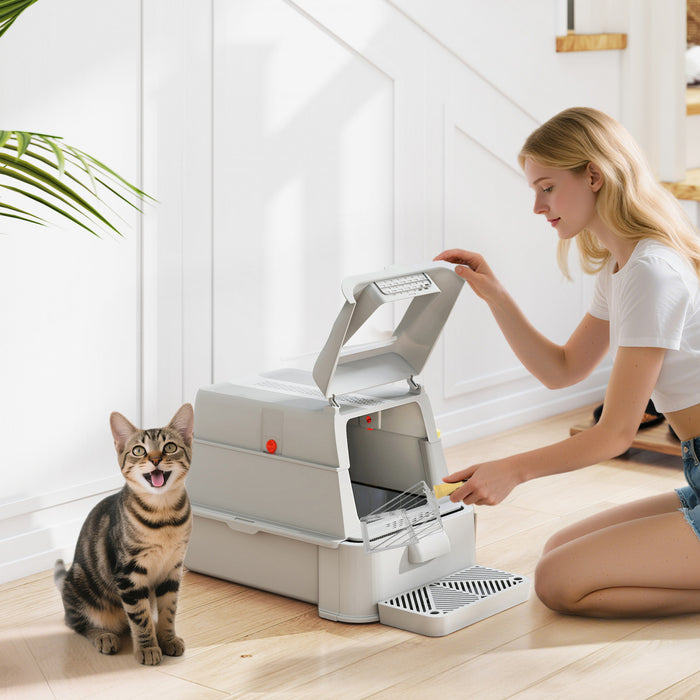 80L Stainless Steel Cat Litter Box with 180° Flip Cover
