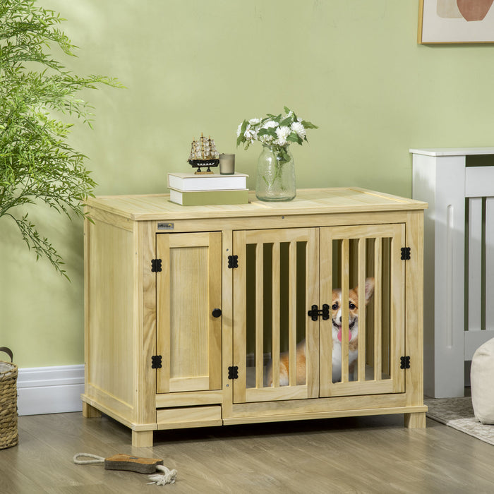 Pawhut Meubles De Caisse En Bois Pour Chien Avec Coussin, Table D'extremite De Chenil Avec Tiroir De Rangement Pour Petits Chiens, Naturel