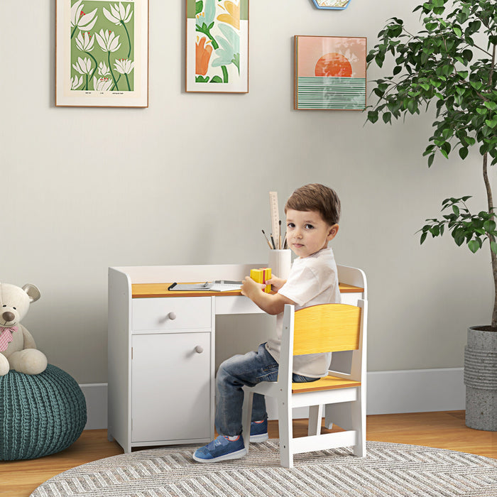 Qaba Ensemble Bureau Et Chaise Pour Enfants De 3 A 6 Ans Avec Tiroir De Rangement, Table D'etude Et Chaise Pour Enfants, Blanc