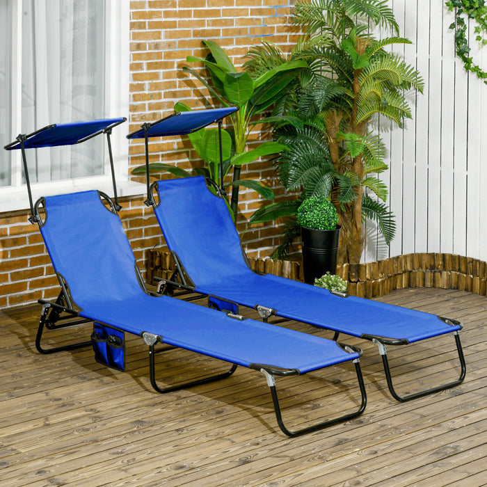 Outsunny Chaise Longue 2 Pieces Avec Dossier Reglable Et Pare-soleil, Bleu