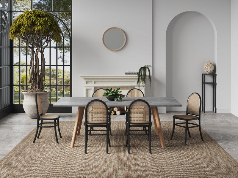 Chaise de salle a manger Paragon Industry Chic avec dossier en cannage, bois et assise rembourree, noir et gris - Lot de 4