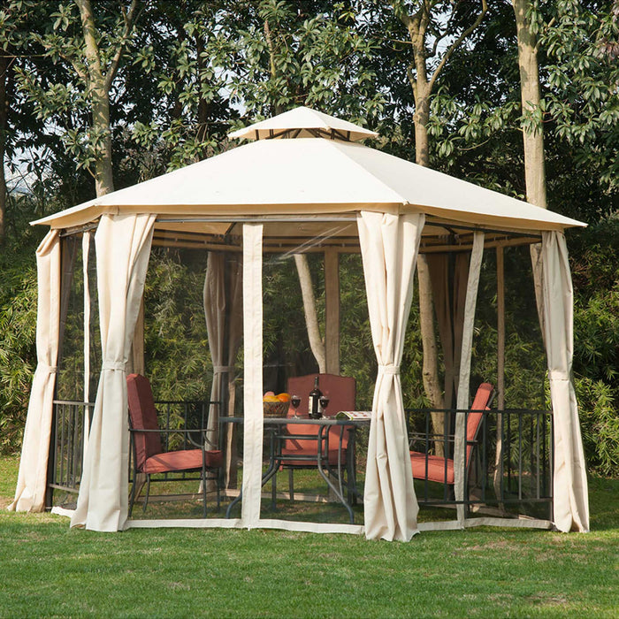Outsunny 13 Pieds Gazebo Hexagone Exterieur Auvent Portable Jardin Avec Rideaux Beige