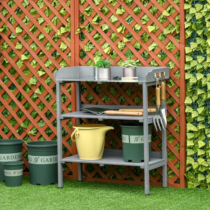 Outsunny Table De Rempotage En Bois Pour Jardin Avec Crochets, Gris