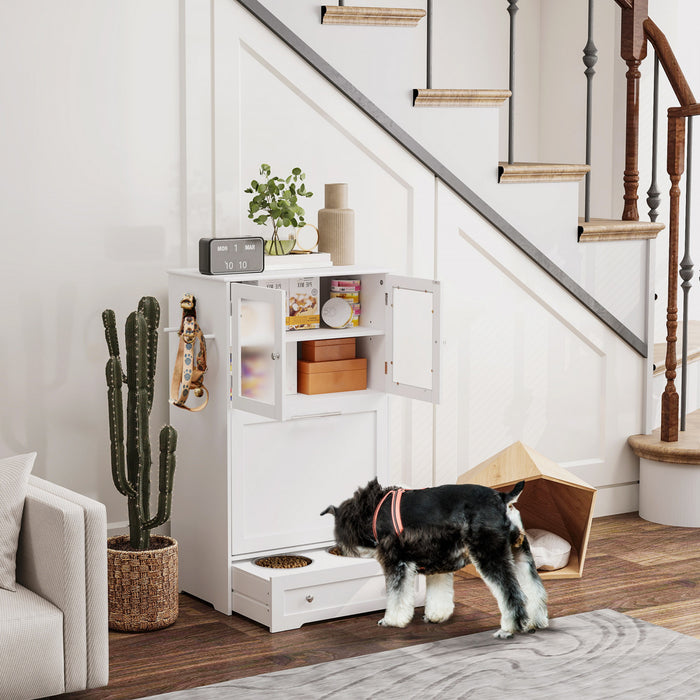 Pawhut Station D'alimentation Pour Chien Avec 2 Armoires De Rangement, Armoire De Stockage De Nourriture Pour Chien Avec 2 Gamelles Surelevees, Kit Anti-basculement, Blanc