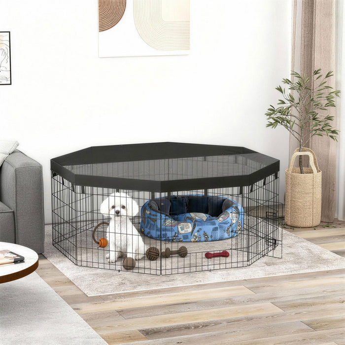 PawHut Parc pour chien, 8 panneaux pliables avec couverture superieure anti-soleil et 8 piquets de sol, 24\"H, enclos interieur et exterieur pour petits et mini chiens et animaux