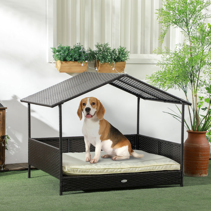 Pawhut Niche D'exterieur En Rotin Pour Chien Avec Auvent D'ombrage, Lit Sureleve En Osier Avec Coussin Doux Et Housse Lavable, Pour Chiens De Taille Moyenne Et Grande, Interieur Et Exterieur, Blanc