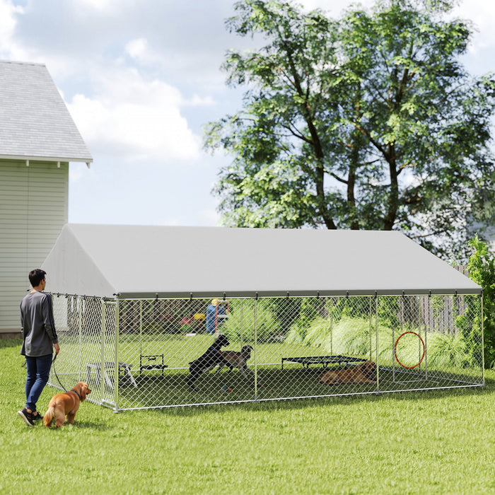 PawHut - Grand chenil pour chien avec toit et verrous securises, parc pour chien en acier galvanise robuste avec couverture etanche et resistante aux UV, 6 m x 4,5 m x 2,4 m