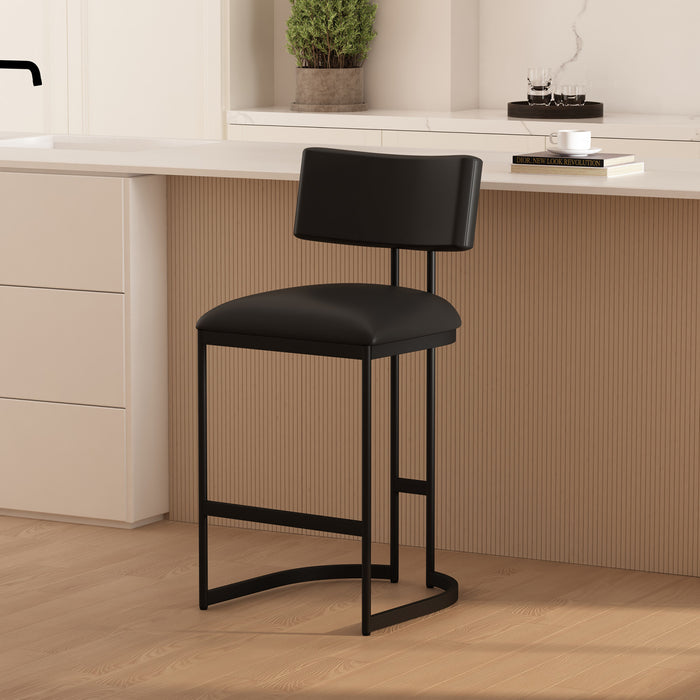 Tabouret de comptoir contemporain moderne Juno en cuir vegetalien et metal, coloris noir