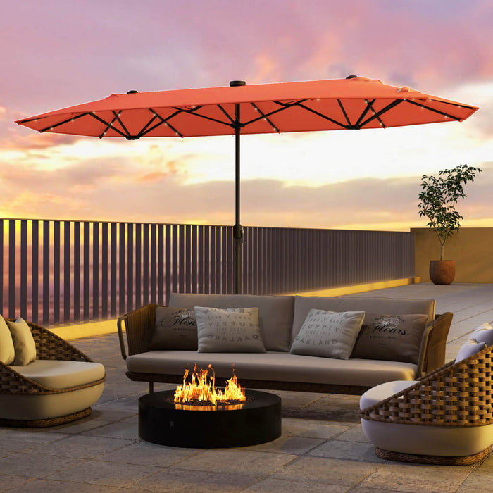 Costway Parasol de patio double face de 13 pieds avec lumieres solaires, manivelle, base de parasol orange