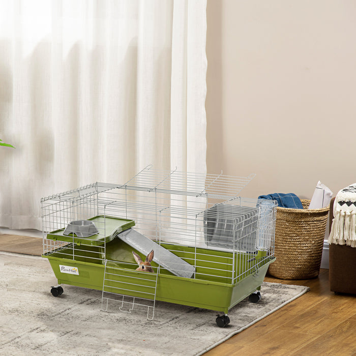 Pawhut Cage Pour Petits Animaux De 88,9 Cm De Long, Cage A Lapin Roulant, Cage Pour Cochon D'inde Avec Plat De Nourriture, Bouteille D'eau, Mangeoire A Foin, Rampe Pour Furet Chinchilla, Vert