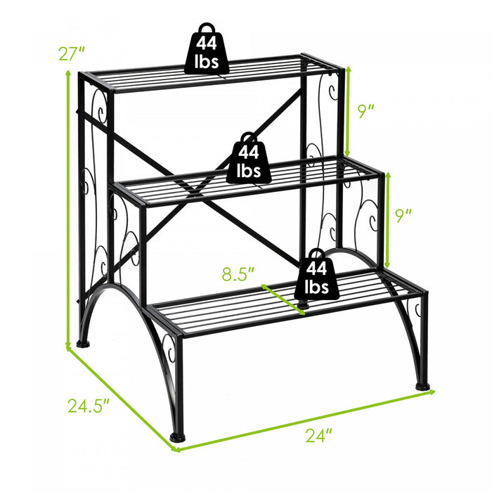 Support Pour Plantes En Metal 3 Niveaux, Support Pour Pots De Fleurs Avec 3 Etageres Ouvertes, Pieds Antiderapants Et Structure Metallique Robuste, Support Decoratif Pour Plantes Pour Jardin, Balcon, Terrasse, Montage Facile