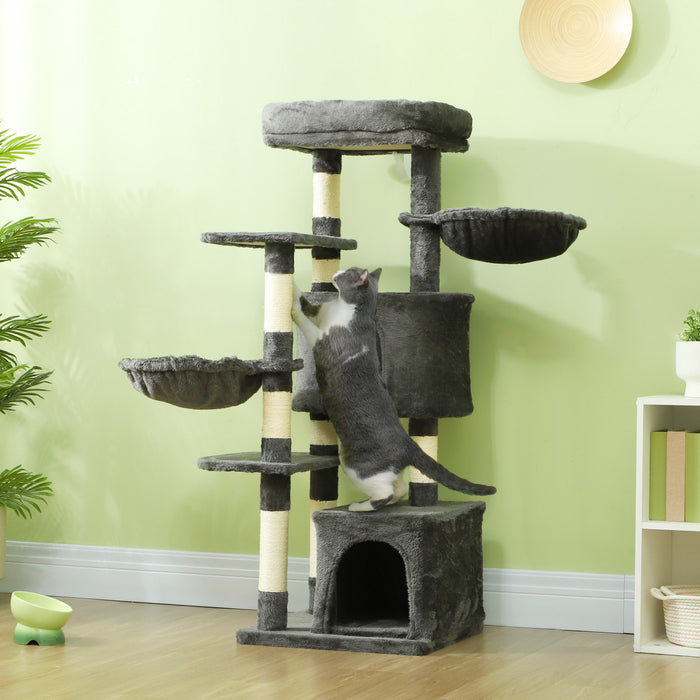 Pawhut Arbre A Chat De 52.5\", Tour Pour Chats D'interieur Avec Griffoirs, Condos Pour Chats, Lit, Plates-formes, Hamacs, Centre D'activites Pour Chat, Gris Fonce