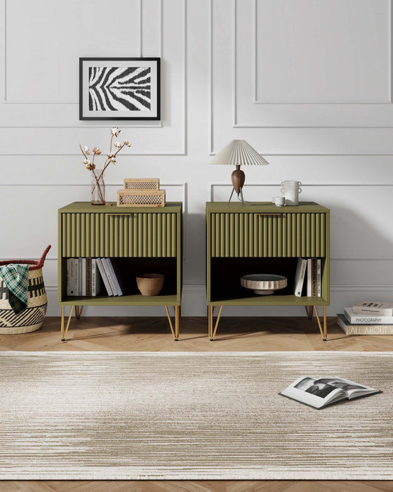 Table de nuit moderne Dumbo 20\" cannelee en vert olive (1 tiroir) - Lot de 2