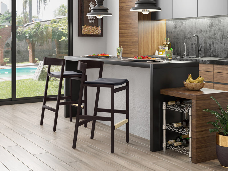 Tabouret de bar en bois rembourre style Klismos mi-siecle moderne noir - Lot de 2