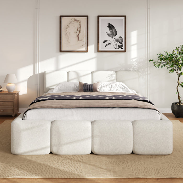 Lit plateforme Aiden avec cadre rembourre de soutien en tissu boucle, taille King, blanc