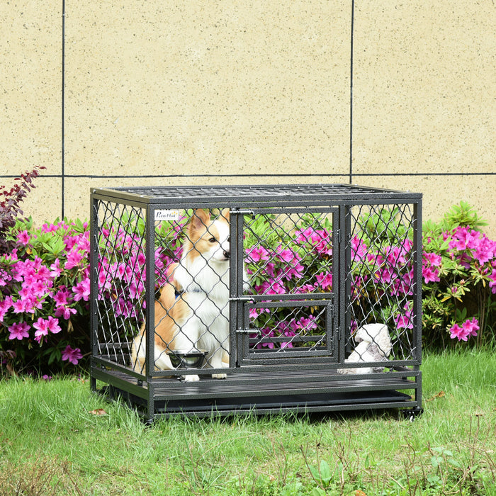 Pawhut Cage Pour Chien Robuste En Metal Avec Roulettes, Dessus Ouvrant, Plateau Amovible, Bol En Acier Inoxydable, Pour Chiens De Petite, Moyenne, Grande Et Xl, 42,5\" X 29\" X 35\"