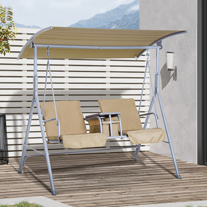 Chaise Pivotante Double Outsunny 2 Personnes Couverte Avec Table Pivotante Et Console De Rangement Beige