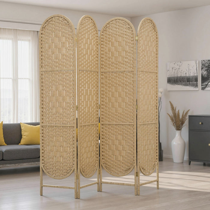 HOMCOM Paravent 4 Panneaux, Ecran Pliable Bohemien, Bois Naturel