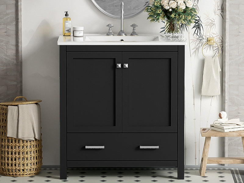 Erica Meuble-lavabo De Salle De Bain 30\" En Bois Massif Avec Lavabo Simple En Ceramique, Portes A Fermeture Douce Et Rangement Multifonctionnel - Noir