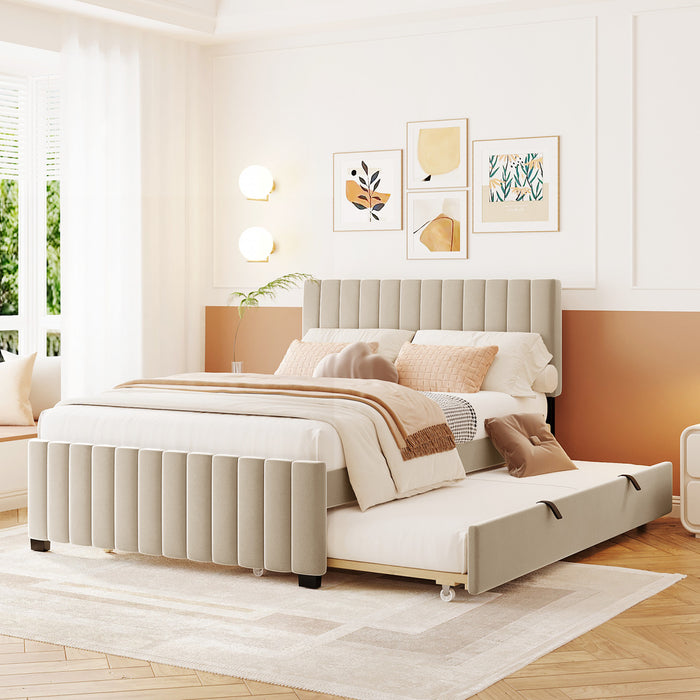 Lit plateforme Ethan rembourre en velours, gain de place, avec tiroir gigogne, taille full, beige