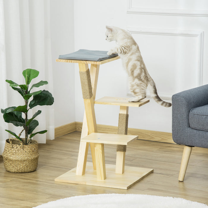 Pawhut Arbre A Chat Centre D'activites Multi-equipe Griffoirs En Jute Plate-formes Coussin Inlus Interieur Exterieur Dim. 19\"l X 19\"l X 30.75\"h Bois Naturel Gris