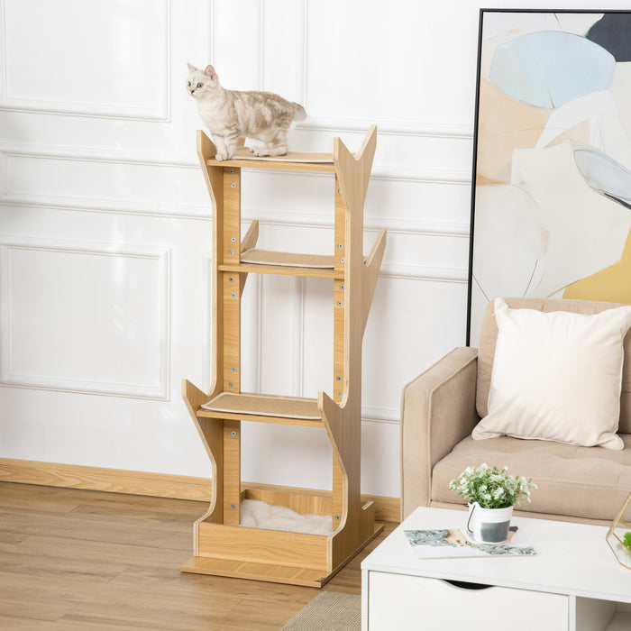 Pawhut Arbre A Chats Style Cosy Chic Centre D'activites 4 Plateformes Niche Avec Coussin \n3 Coussins Amovibles Panneaux Multicouches Peluche Courte Chene