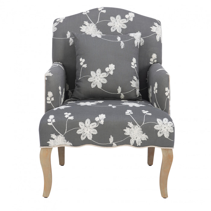 Fauteuil d'appoint Kenna en tissu d'apparence lin orné de broderie florale - gris