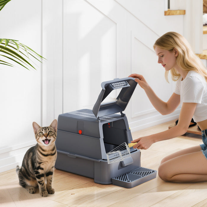 80L Stainless Steel Cat Litter Box with 180° Flip Cover