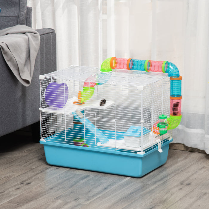Pawhut Grande Cage Pour Hamster A 3 Niveaux Avec Tubes Et Tunnels, Poignees De Transport Portables, Avec Une Roue D'exercice, Une Bouteille D'eau, Un Plat A Nourriture, 23\" X 14\" X 18.5\", Bleu Clair