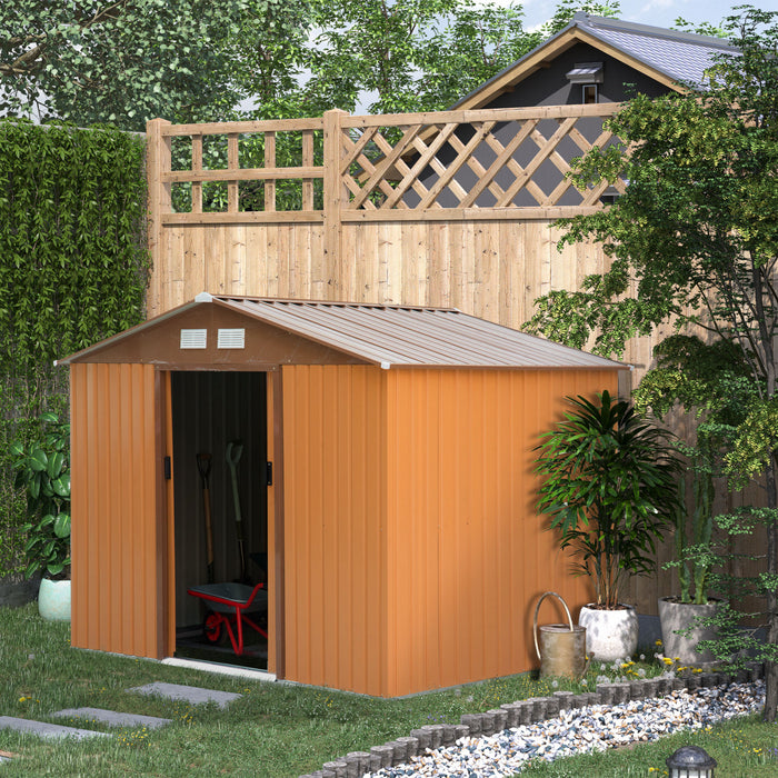 Outsunny 9.1' X 6.4' X 6.3' Abri De Jardin Avec Fondation Au Sol Patio Exterieur Cour Metal Maison De Rangement Pour Outils Avec Portes Doubles Jaune