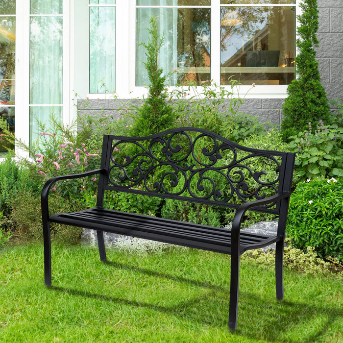 Outsunny Banc De Jardin En Metal De 50 Po Motif Floral Vintage, Noir