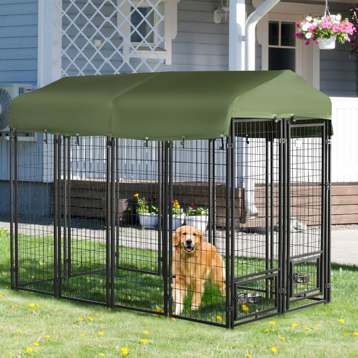 Pawhut Niche D'exterieur Pour Chien De 8' X 4' X 6' Avec Supports De Gamelle Rotatifs, Parc Pour Animal Domestique, Cloture En Fil D'acier Soude Avec Auvent Resistant A L'eau Et Aux Uv, Vert