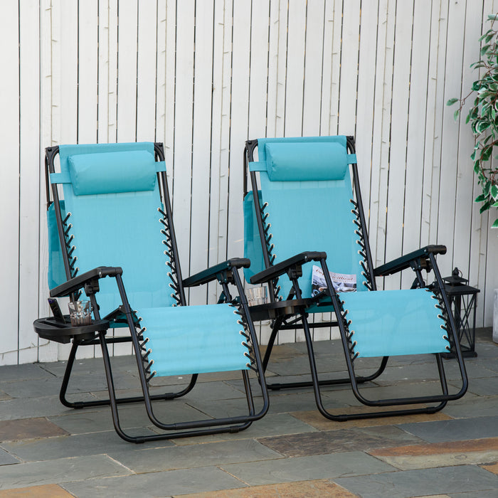 Chaise Longue Pliante 2 Pieces Avec Auvent De Protection, Bleu Ciel, Par Outsunny