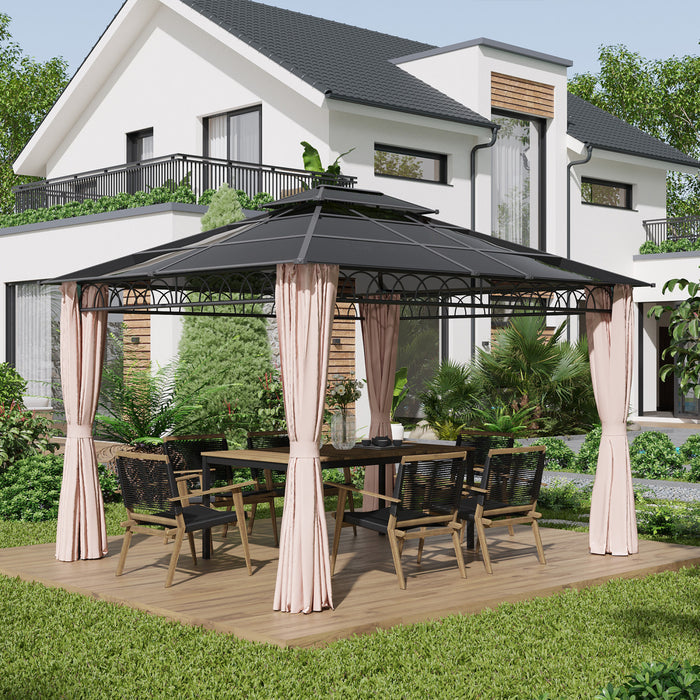 Outsunny Gazebo A Toit Rigide A Double Toit 10' X 12' Avec Rideaux, Kaki