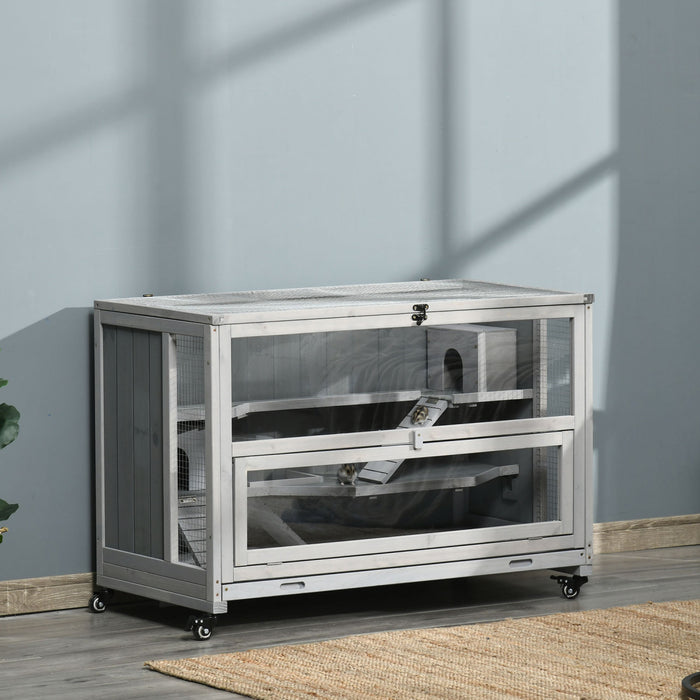 Pawhut Cage En Bois Extra Large Pour Hamster Et Aire De Jeux Avec 3 Echelles Et 2 Cabanes, Cage Pour Petits Animaux Pour Hamster Syrien Et Nain, Roues, Plateau Coulissant, Gris Clair