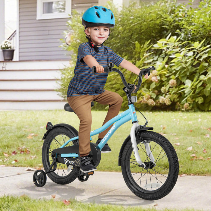 Velo Costway 16\" Pour Enfants Pour Garcons Et Filles De 4 A 7 Ans Avec Reflecteurs De Frein A Main Reglables Bleu