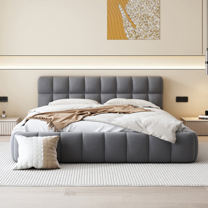 Lit plateforme rembourre Jessica avec tissu en lin confortable et cadre robuste, taille Queen, gris