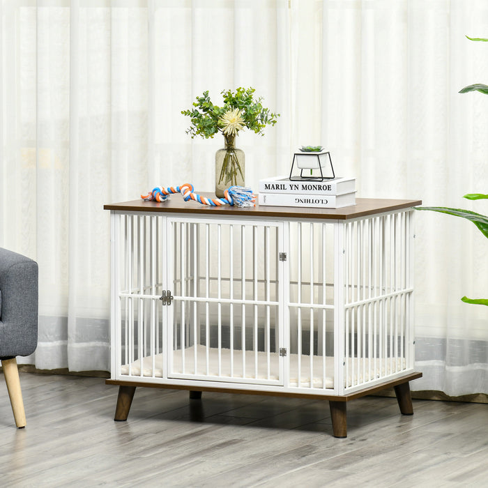 Pawhut Cage Pour Chien Moyens Animaux Avec Coussin Amovible Lavable Porte Verrouillable Avec Loquet Acier Panneaux De Particules Blanc Marron