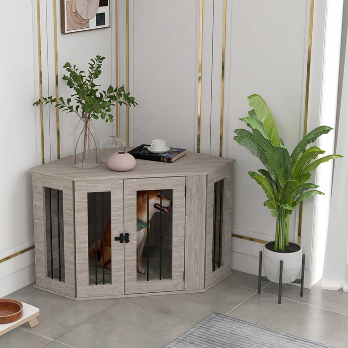 Pawhut Meuble De Cage Pour Chien, 41po Design D'angle, Porte, Serrure, Cage Pour Chien De Style Mobilier D'interieur Pour Chiens De Taille Moyenne, Marron Noyer