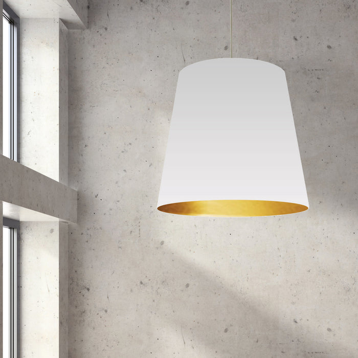 Très grand luminaire suspendu de Dainolite avec très grand abat-jour cylindrique blanc et doré, et 1 ampoule