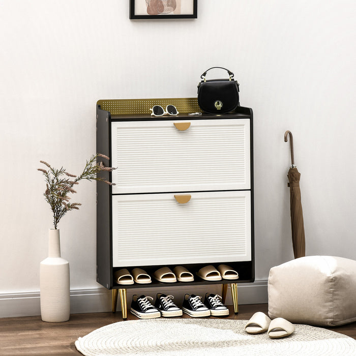 HOMCOM Armoire a Chaussures 2 Tiroirs Rabattables Porte Bambou Blanc