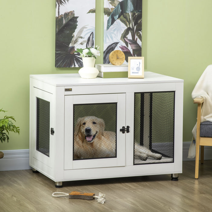 Pawhut Table D'appoint Pour Animal Domestique Avec Coussin Resistant A L'eau, Meubles De Cage Pour Chien A Double Porte Pour Grands Chiens De Petite Taille, Chenil En Fil De Bois Pour Une Utilisation En Interieur, Blanc